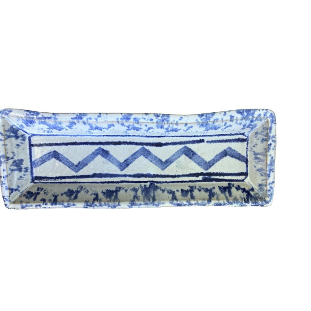 Vintage Pottery Blue White Handmade Tray Dish Cheese Olives-4” W x 11” Long EUC